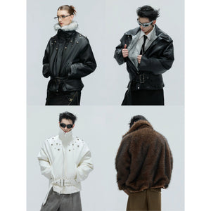 Model wearing a brown deconstructed leather jacket in a street setting