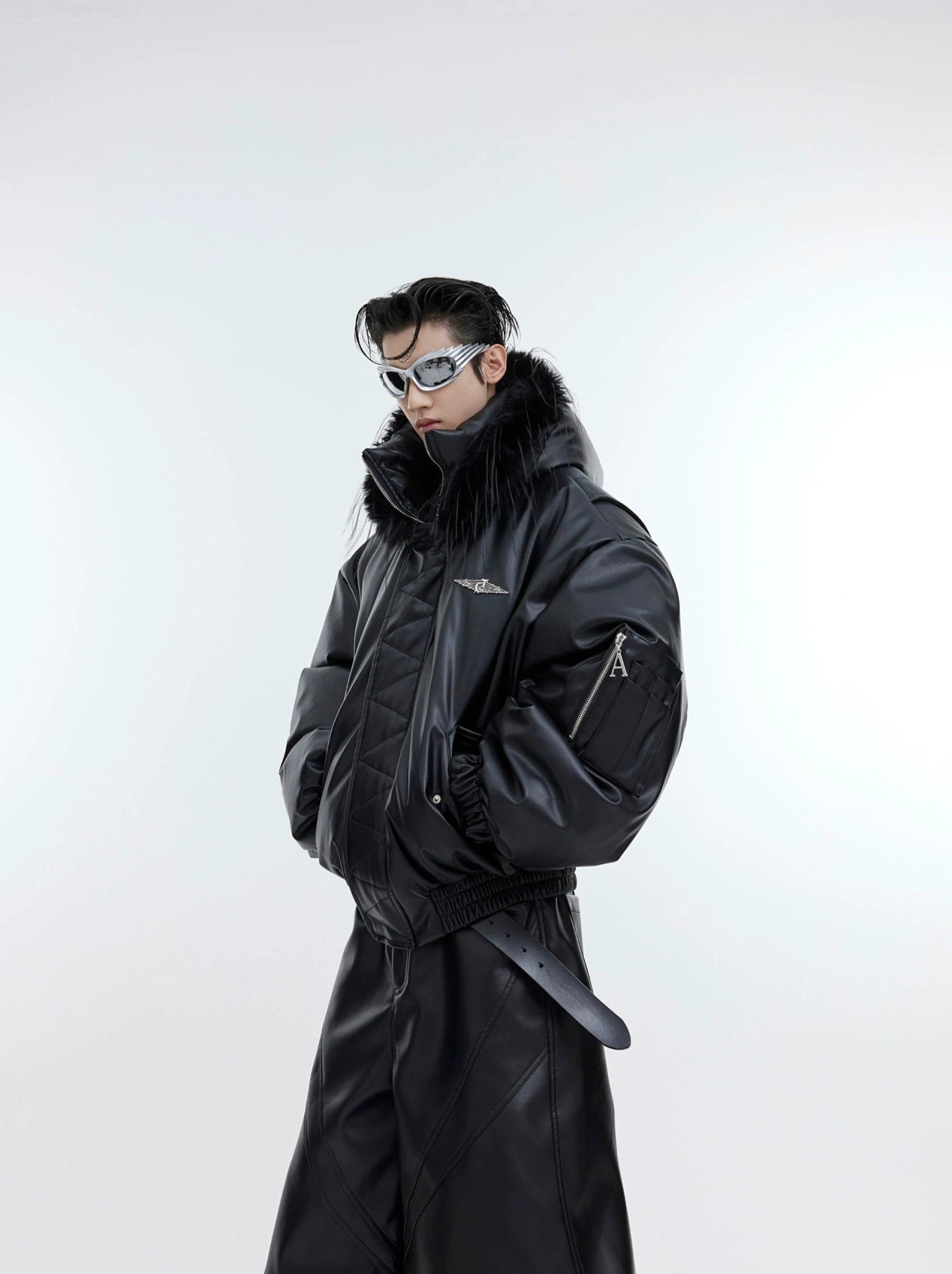 Deconstructed Faux Fur Leather Puffer Jacket Hooded Short Coat with Bold Accents ArguE CulturE