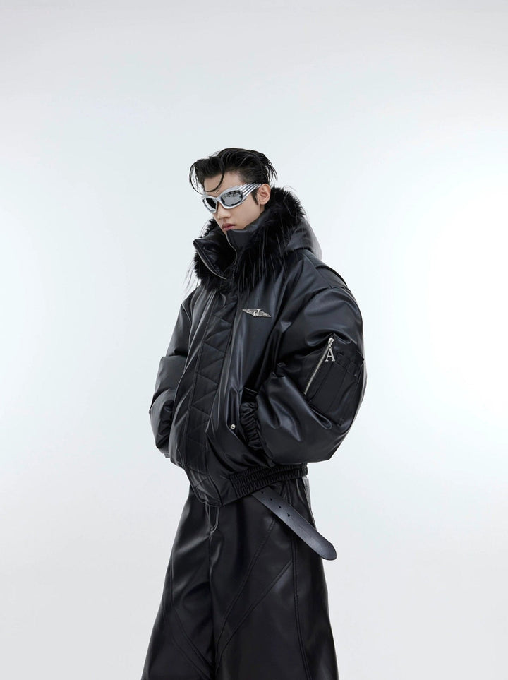 Deconstructed Faux Fur & Leather Puffer Jacket | Hooded Short Coat with Bold Accents - ArguE CulturE