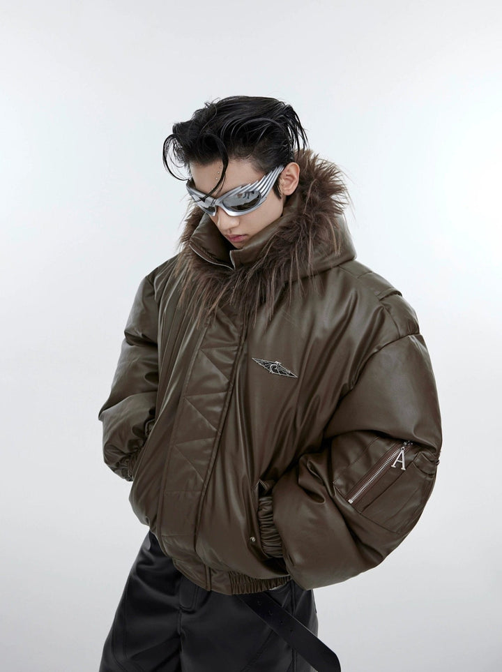 Deconstructed Faux Fur & Leather Puffer Jacket | Hooded Short Coat with Bold Accents - ArguE CulturE