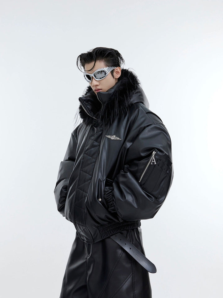 Deconstructed Faux Fur & Leather Puffer Jacket | Hooded Short Coat with Bold Accents - ArguE CulturE