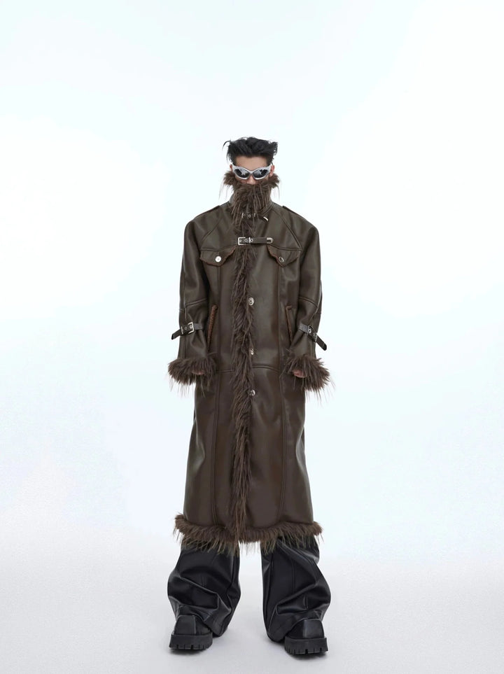 Deconstructed Faux Fur - Lined Long Coat | Belted Over - Knee Leather Jacket - ArguE CulturE