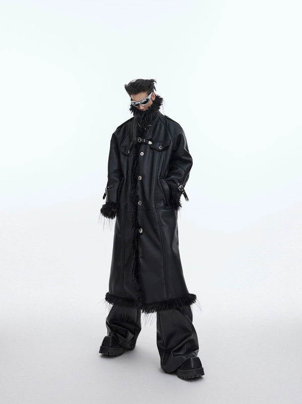 Deconstructed Faux Fur - Lined Long Coat | Belted Over - Knee Leather Jacket - ArguE CulturE