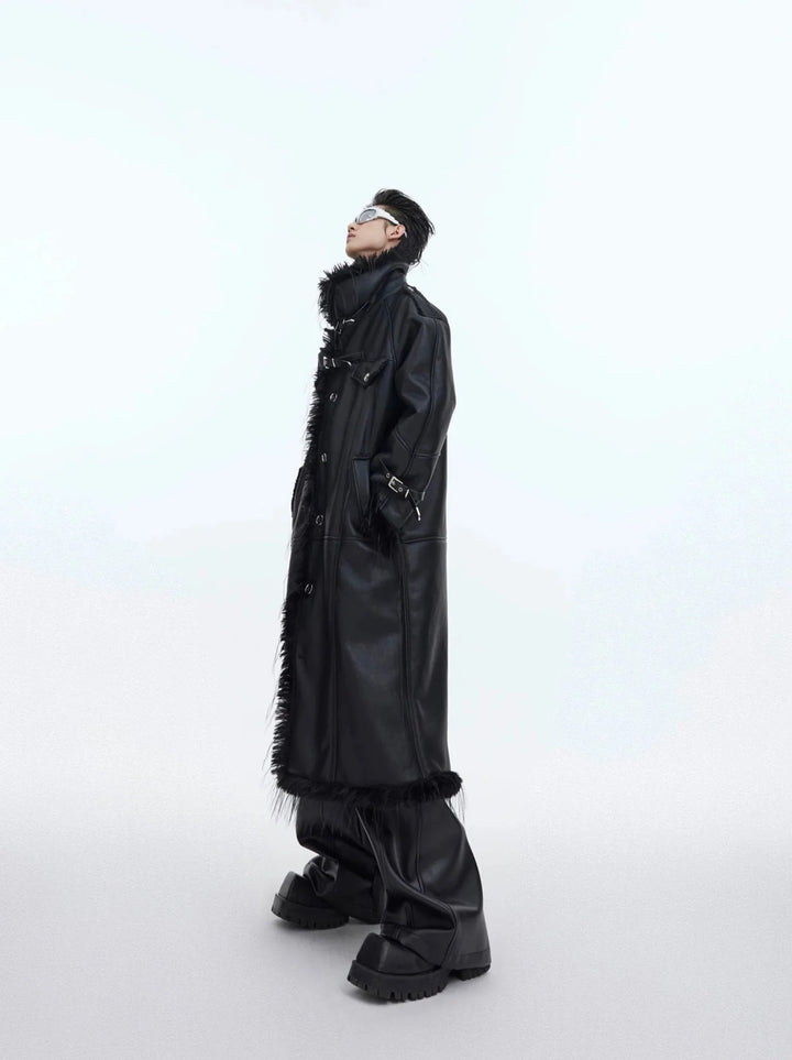 Deconstructed Faux Fur - Lined Long Coat | Belted Over - Knee Leather Jacket - ArguE CulturE