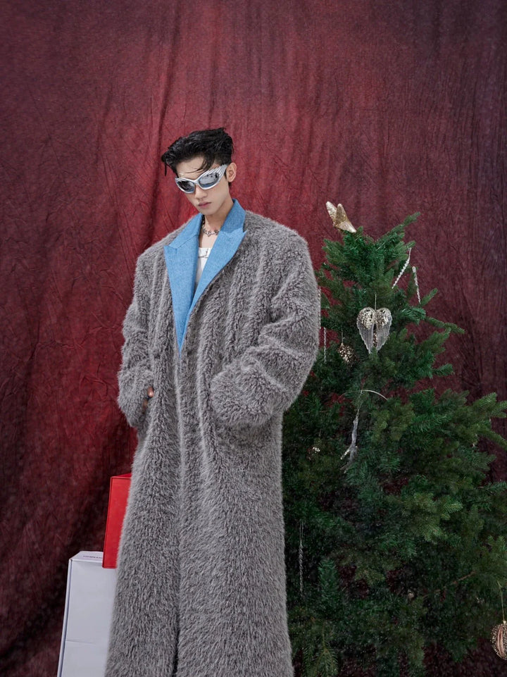 Deconstructed Faux Fur Long Overcoat | Trench Coat with Denim Collar - ArguE CulturE