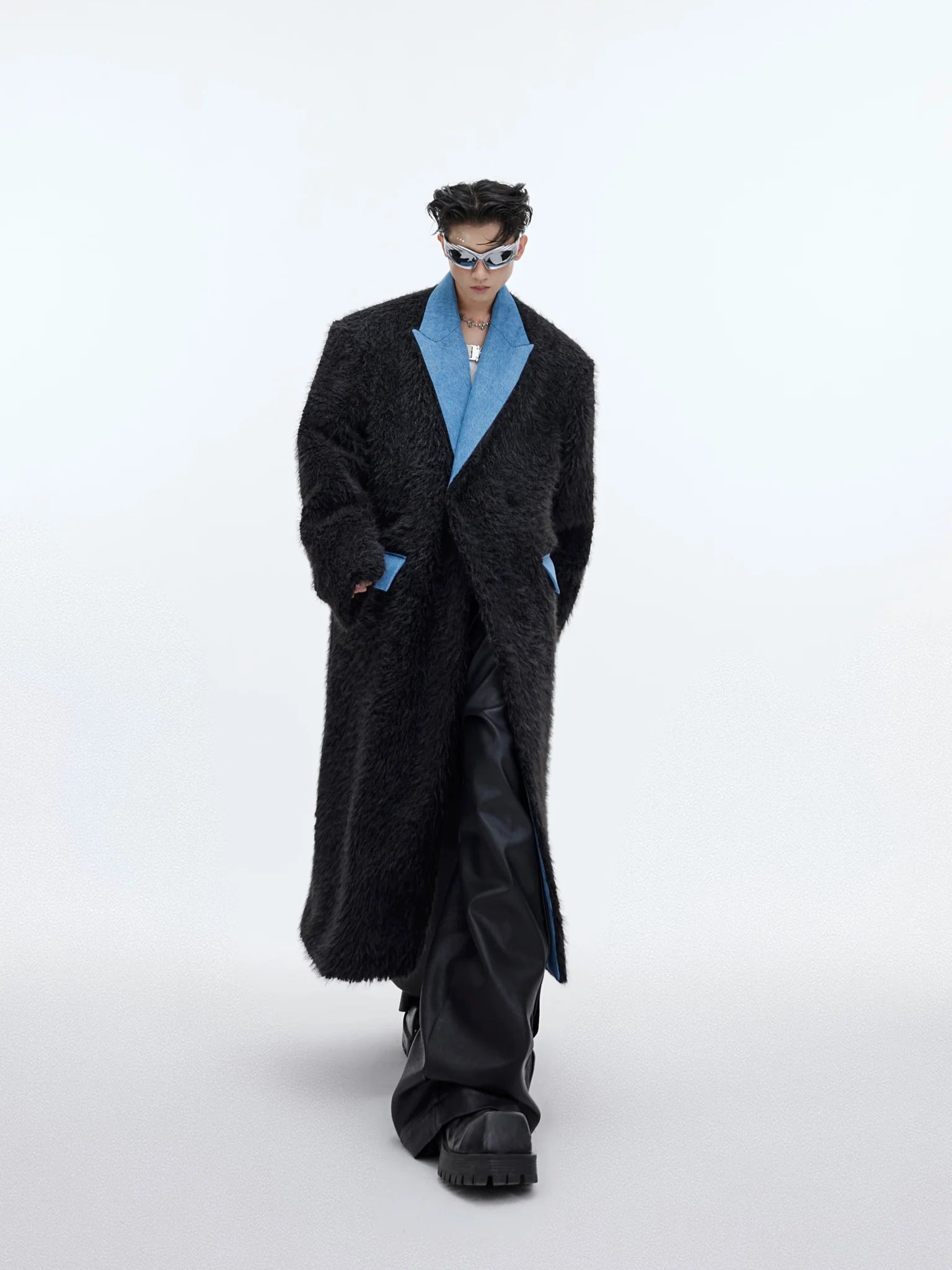 Deconstructed Faux Fur Long Overcoat | Trench Coat with Denim Collar - ArguE CulturE