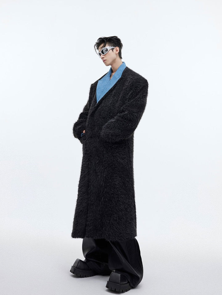 Deconstructed Faux Fur Long Overcoat | Trench Coat with Denim Collar - ArguE CulturE