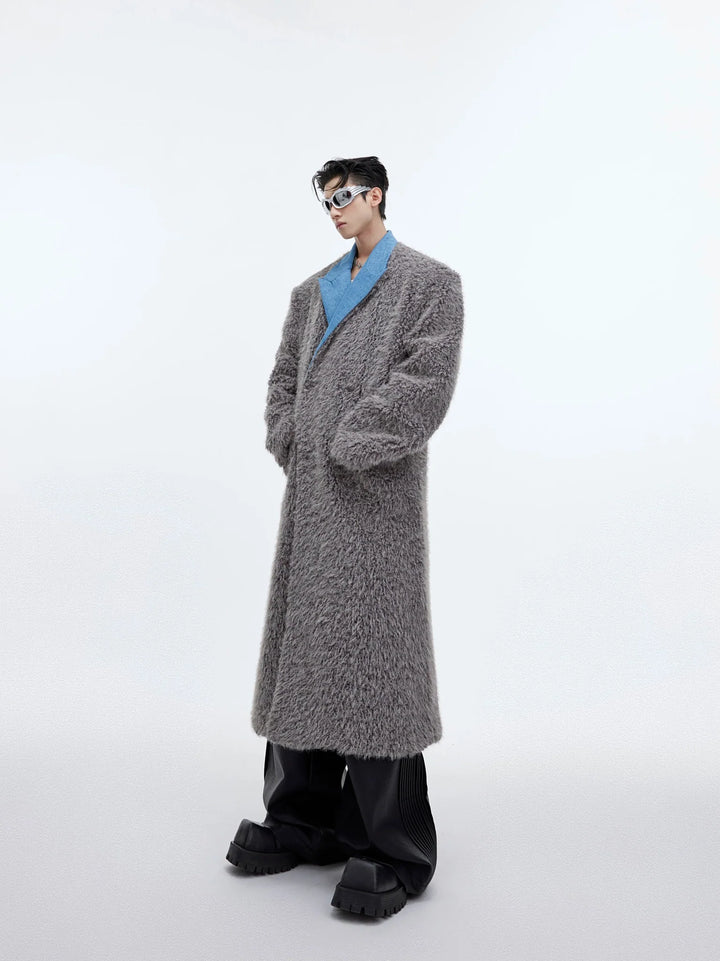 Deconstructed Faux Fur Long Overcoat | Trench Coat with Denim Collar - ArguE CulturE