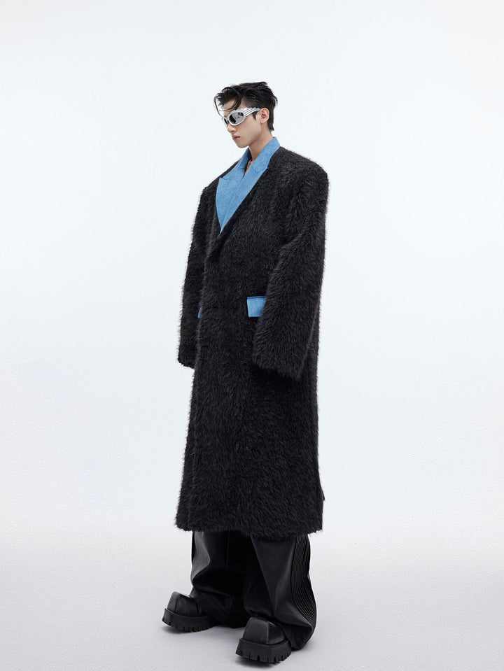 Deconstructed Faux Fur Long Overcoat | Trench Coat with Denim Collar - ArguE CulturE