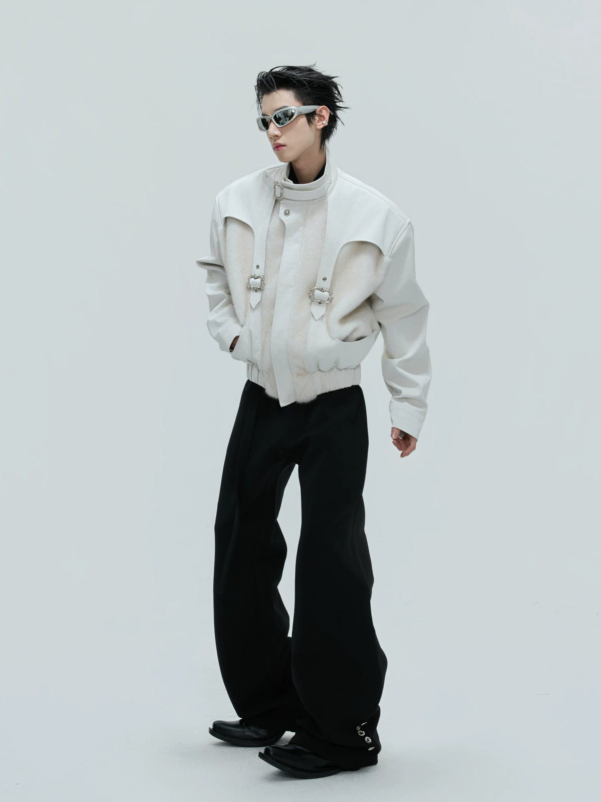 Deconstructed Faux-Leather Jacket With Plush Collar - main image 5