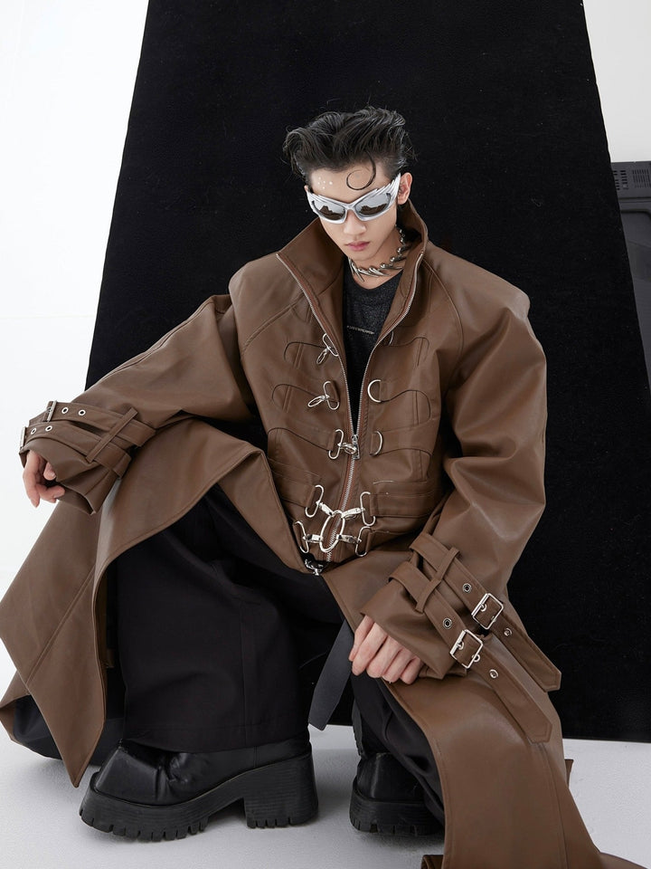 Deconstructed Faux Leather Overcoat | Split - Fold Loose Trench Outwear - ArguE CulturE