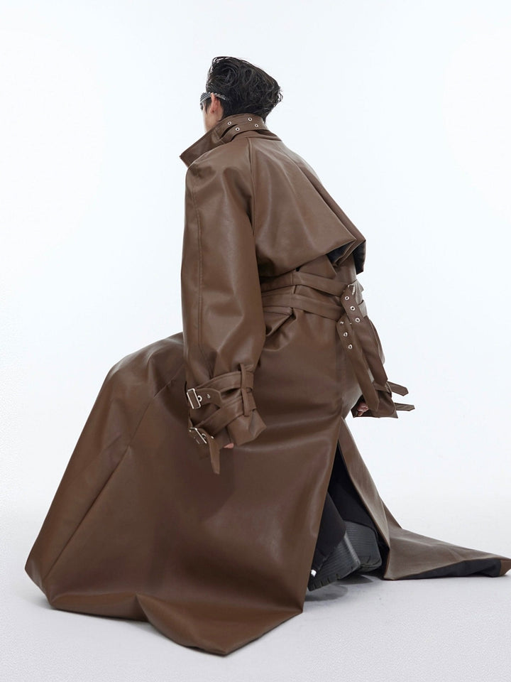 Deconstructed Faux Leather Overcoat | Split - Fold Loose Trench Outwear - ArguE CulturE