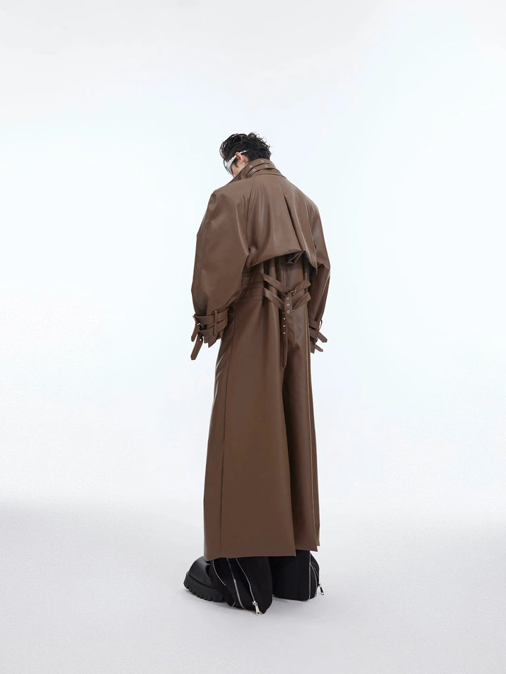 Deconstructed Faux Leather Overcoat | Split - Fold Loose Trench Outwear - ArguE CulturE