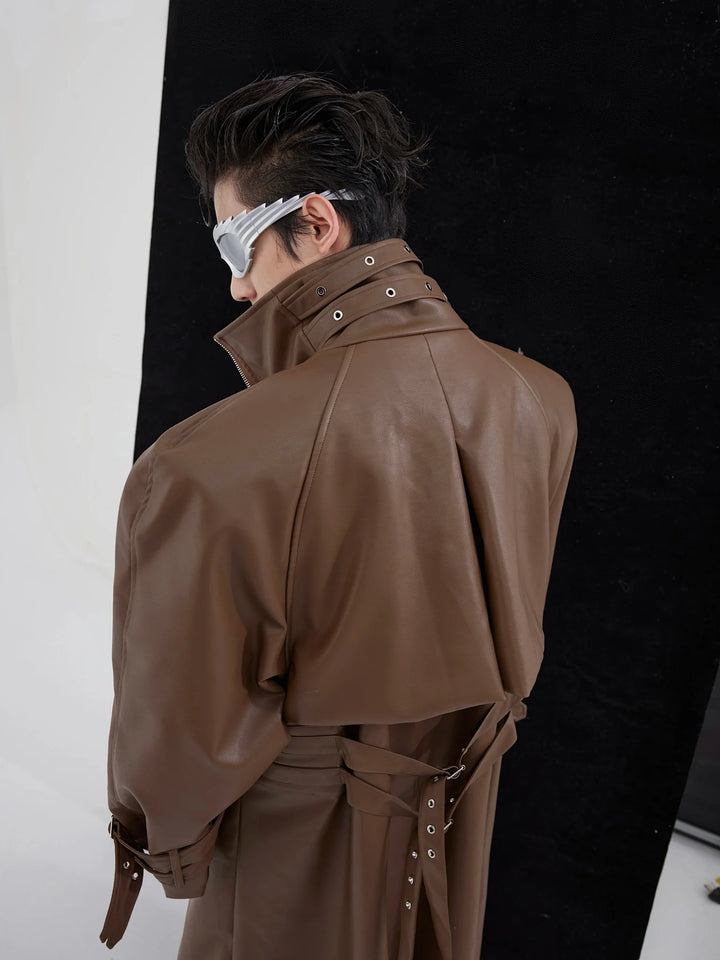 Deconstructed Faux Leather Overcoat | Split - Fold Loose Trench Outwear - ArguE CulturE