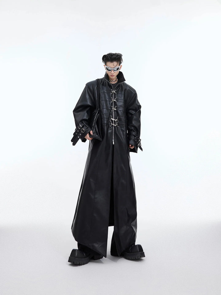 Deconstructed Faux Leather Overcoat | Split - Fold Loose Trench Outwear - ArguE CulturE