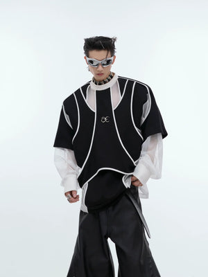 Front view of black deconstructed faux two-piece sweatshirt with shoulder pads