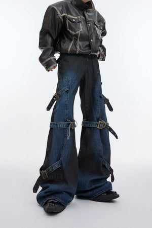 deconstructed-flare-jeans-with-metal-buckle-lace-up-blue