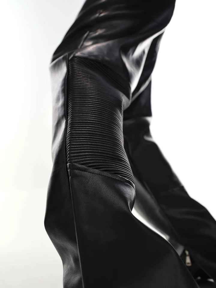 Deconstructed Flared Faux Leather Pants | Ribbed Split Detail Trousers - ArguE CulturE