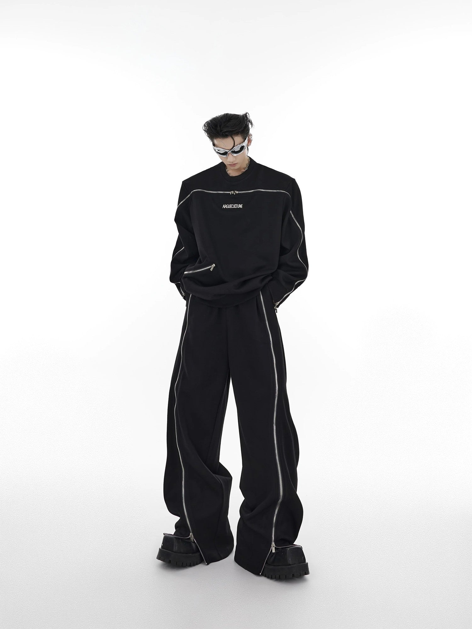 Men's deconstructed black full-zip oversized sweatshirt front view