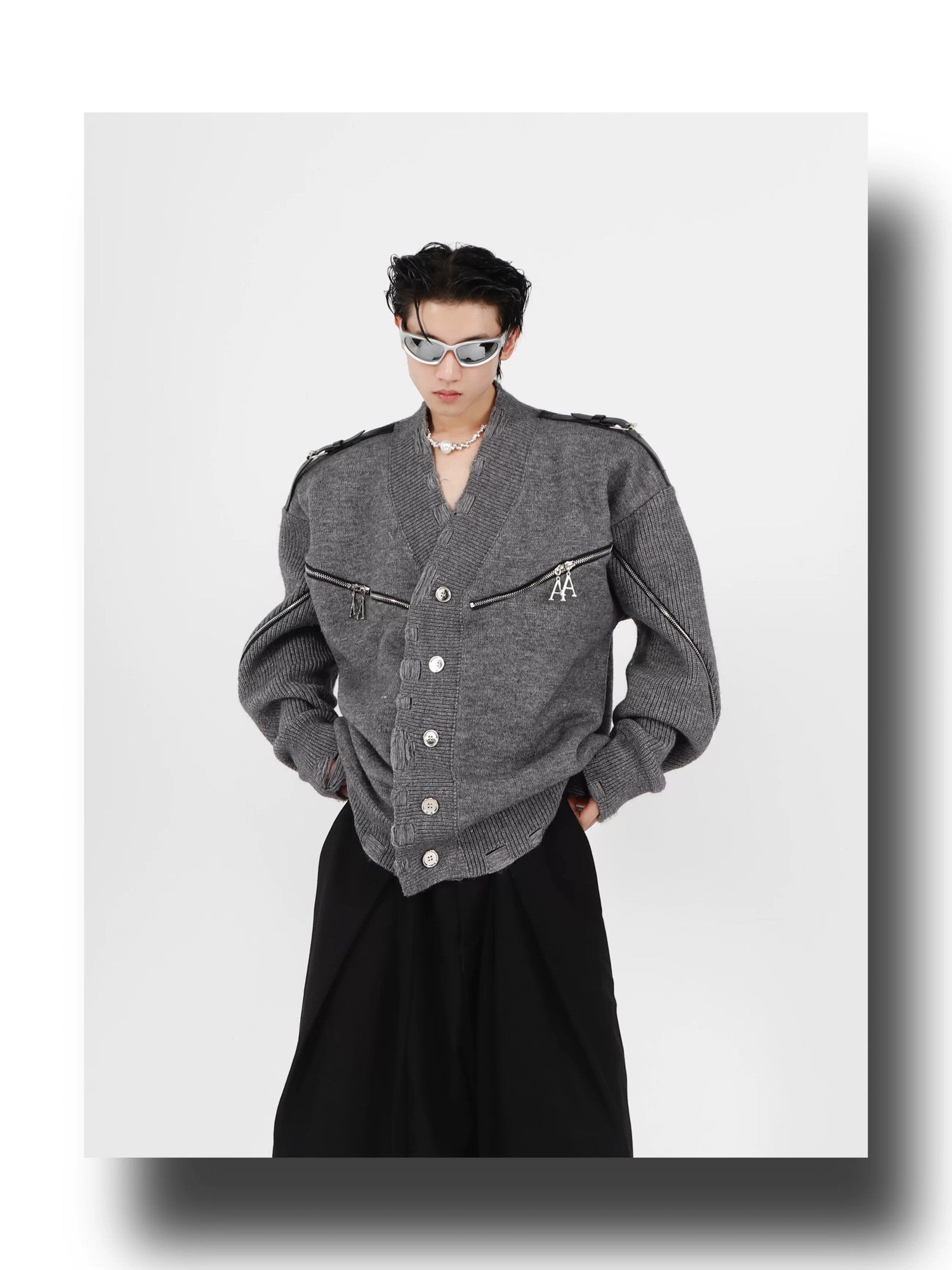 desc::deconstructed-full-zip-v-neck-punk-knit-cardigan-detail-img-1
