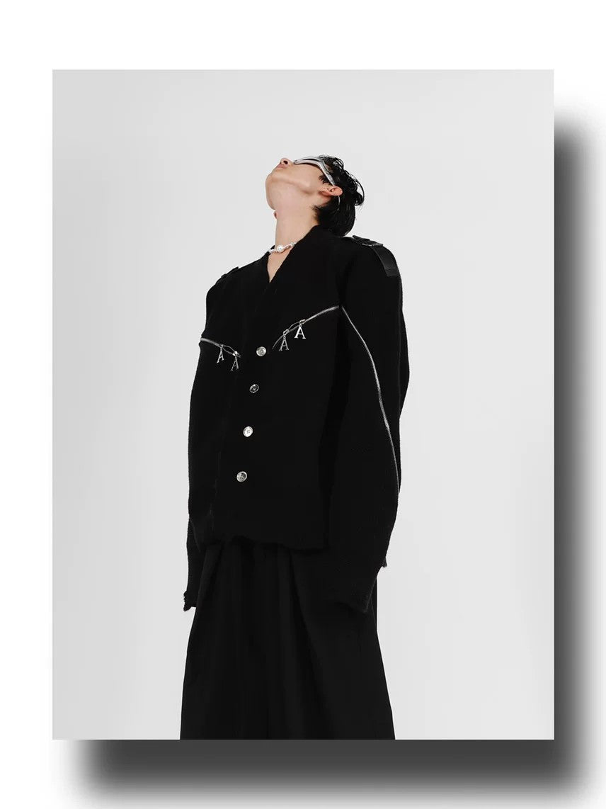 desc::deconstructed-full-zip-v-neck-punk-knit-cardigan-detail-img-10