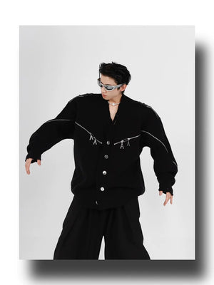 desc::deconstructed-full-zip-v-neck-punk-knit-cardigan-detail-img-4