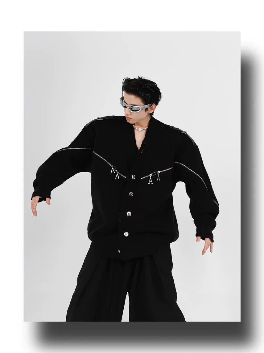 desc::deconstructed-full-zip-v-neck-punk-knit-cardigan-detail-img-4