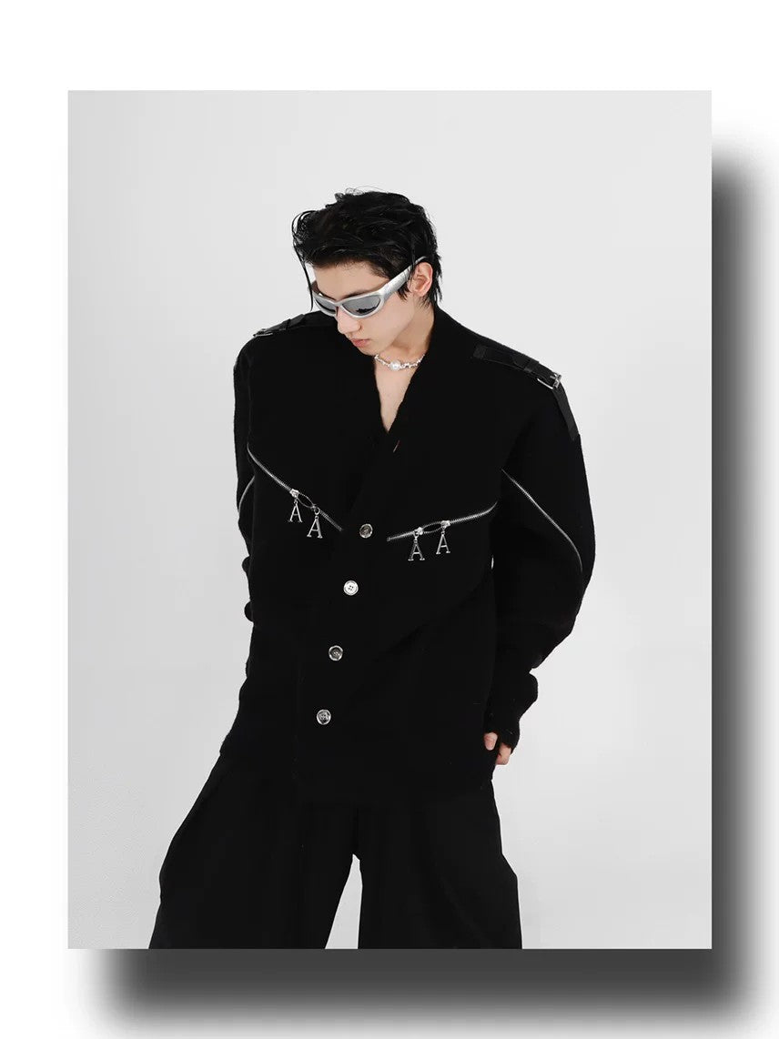 desc::deconstructed-full-zip-v-neck-punk-knit-cardigan-detail-img-7