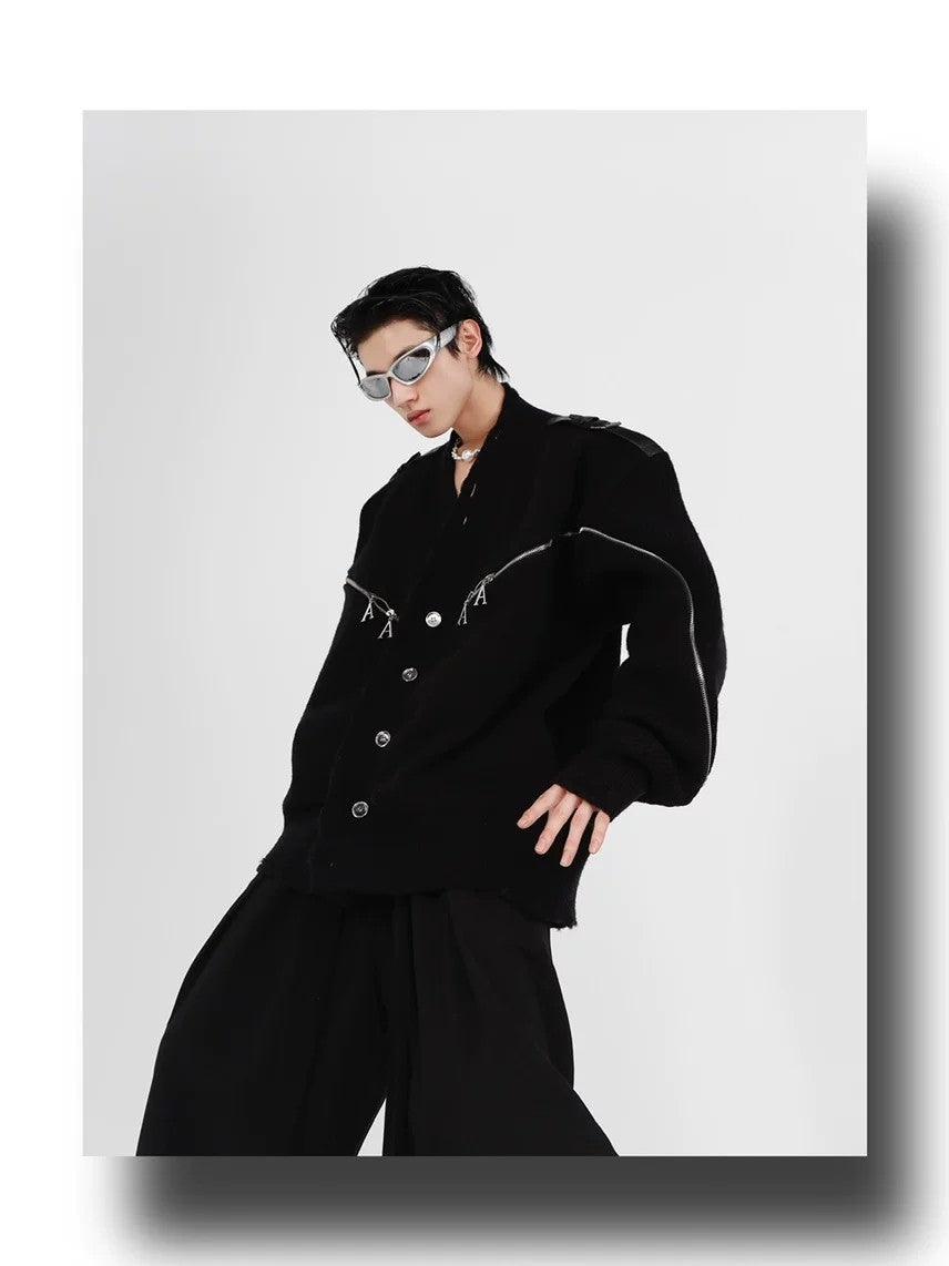 desc::deconstructed-full-zip-v-neck-punk-knit-cardigan-detail-img-8