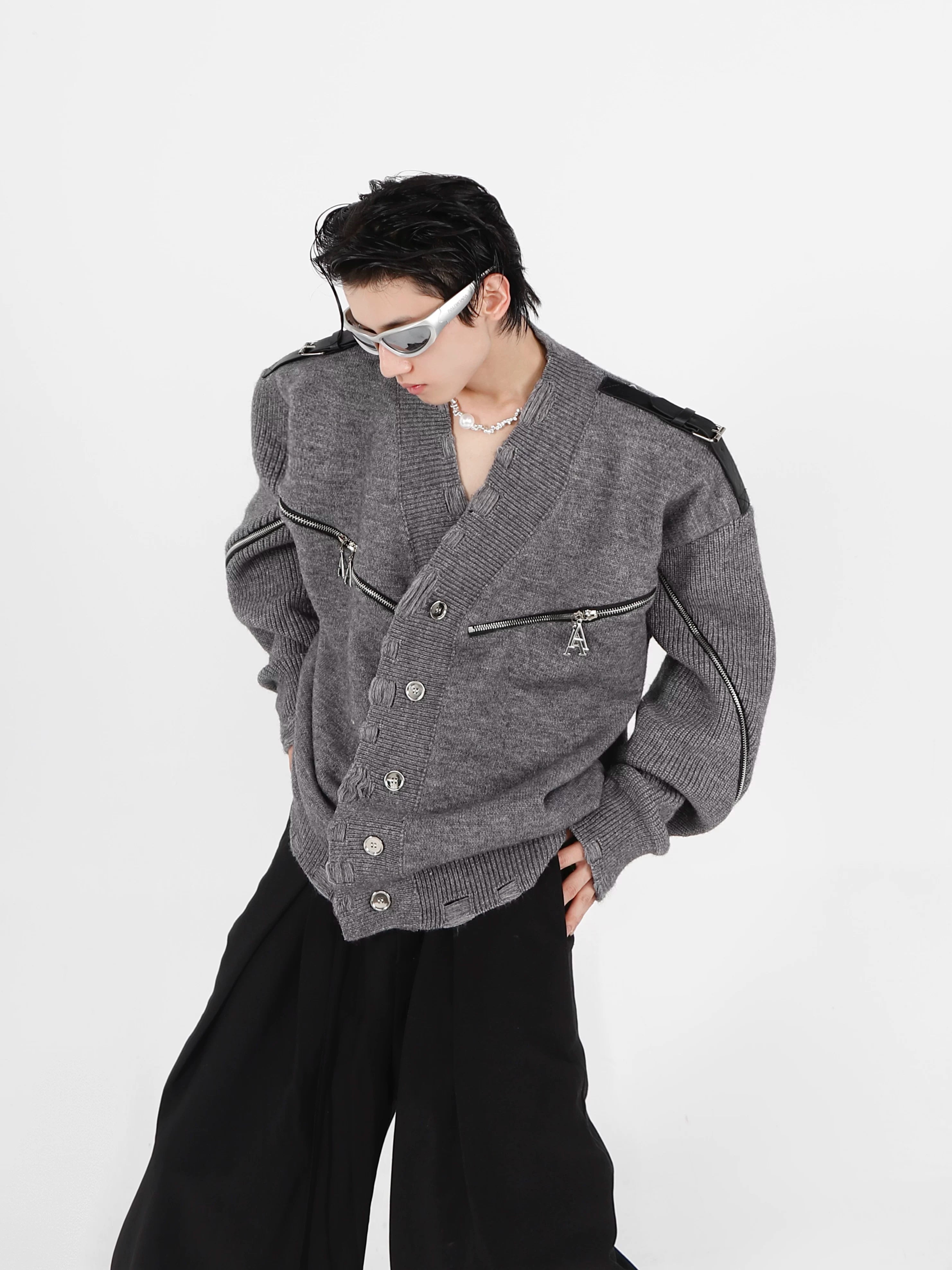 deconstructed-full-zip-v-neck-punk-knit-cardigan-gray