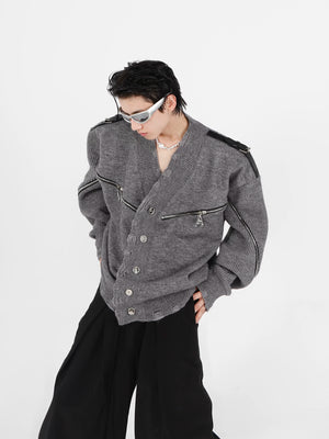 deconstructed-full-zip-v-neck-punk-knit-cardigan-gray