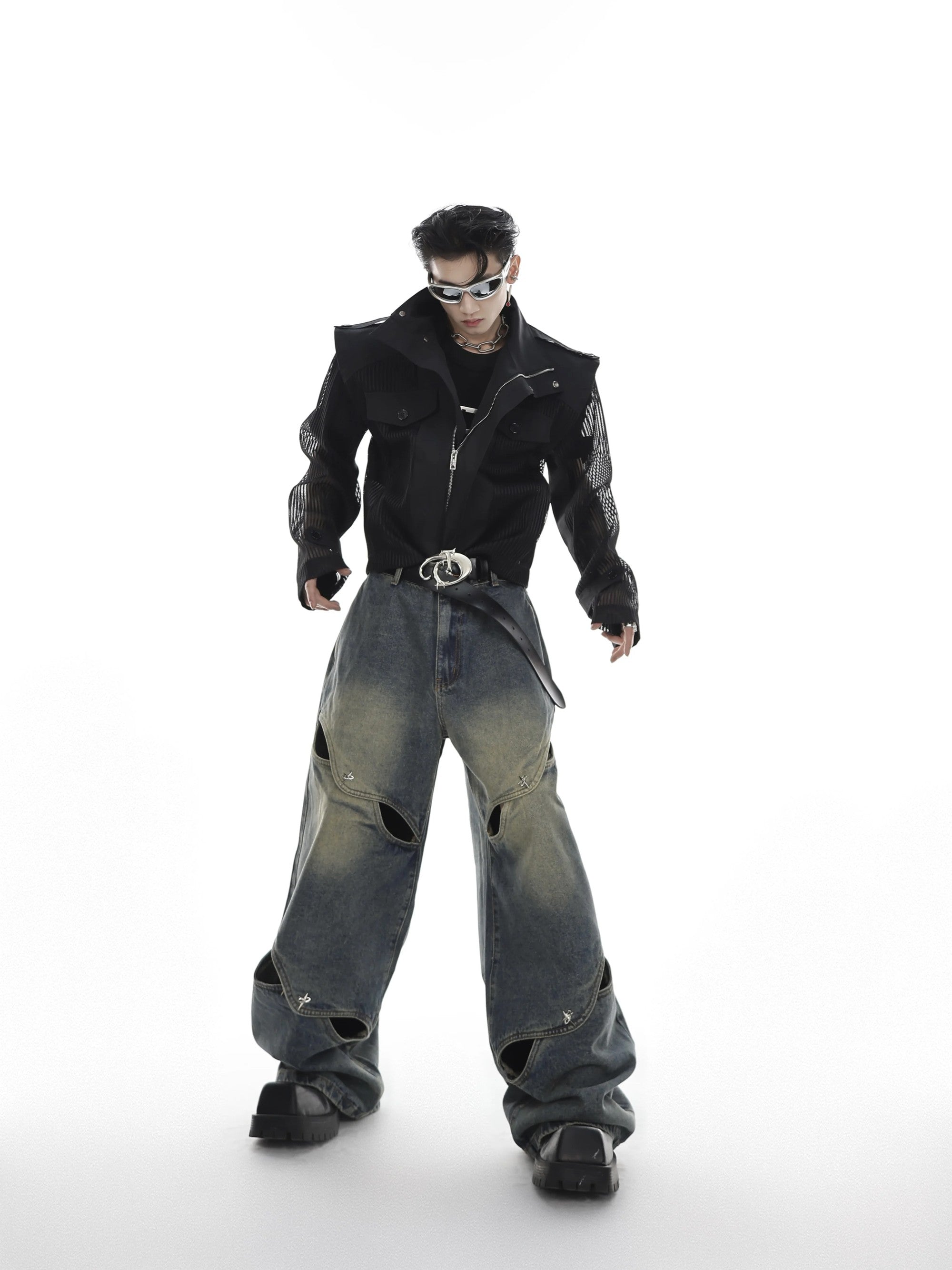 Styling suggestion for deconstructed wide leg jeans with sneakers