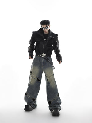 Styling suggestion for deconstructed wide leg jeans with sneakers