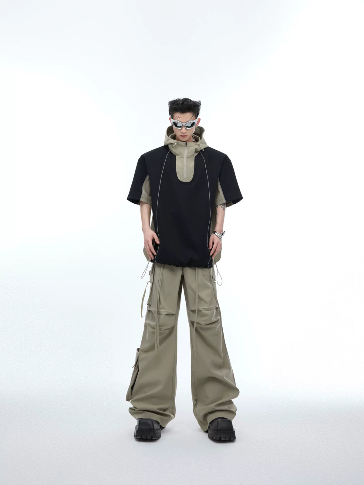 Deconstructed Hooded Tee & Loose Cargo Pants Set - main image 1