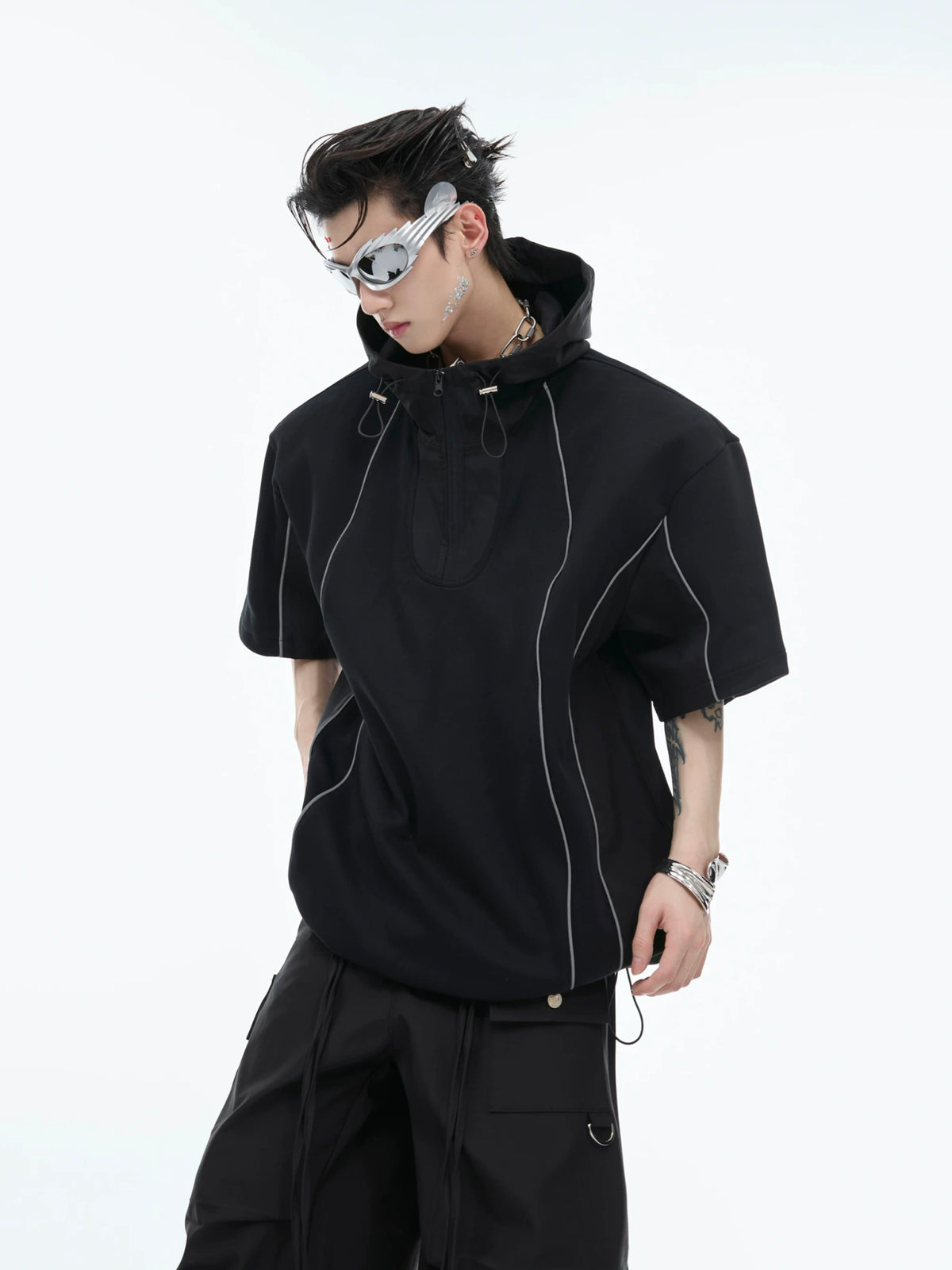 Deconstructed Hooded Tee & Loose Cargo Pants Set - Black Top