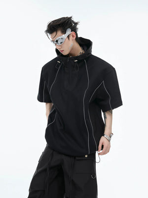 Deconstructed Hooded Tee & Loose Cargo Pants Set - Black Top