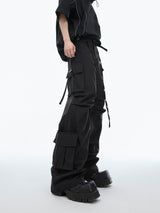 Deconstructed Hooded Tee & Loose Cargo Pants Set - Black Pants