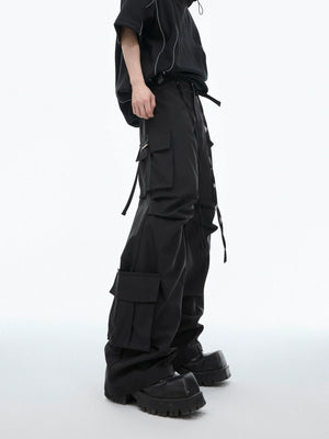 Deconstructed Hooded Tee & Loose Cargo Pants Set - Black Pants