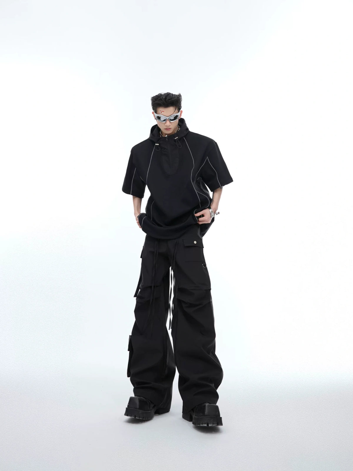 Deconstructed Hooded Tee & Loose Cargo Pants Set - main image 2