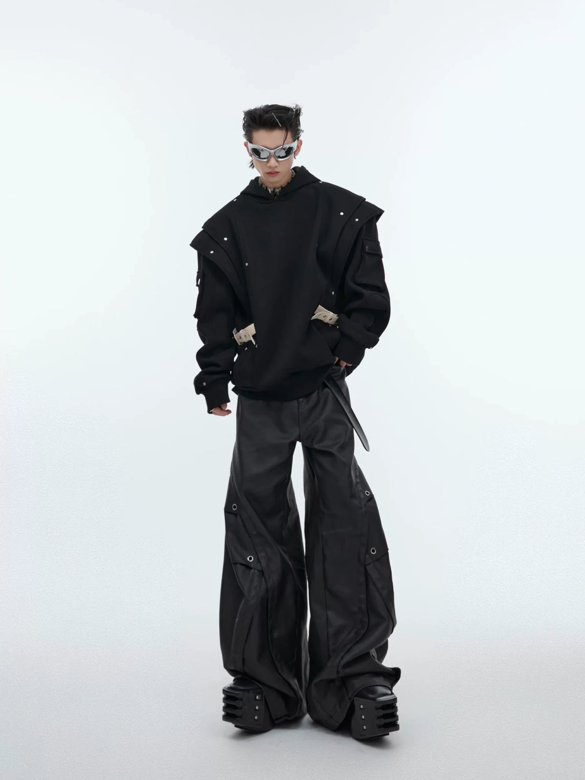 Deconstructed Layered Hooded Sweatshirt With PU Panel - main image 4