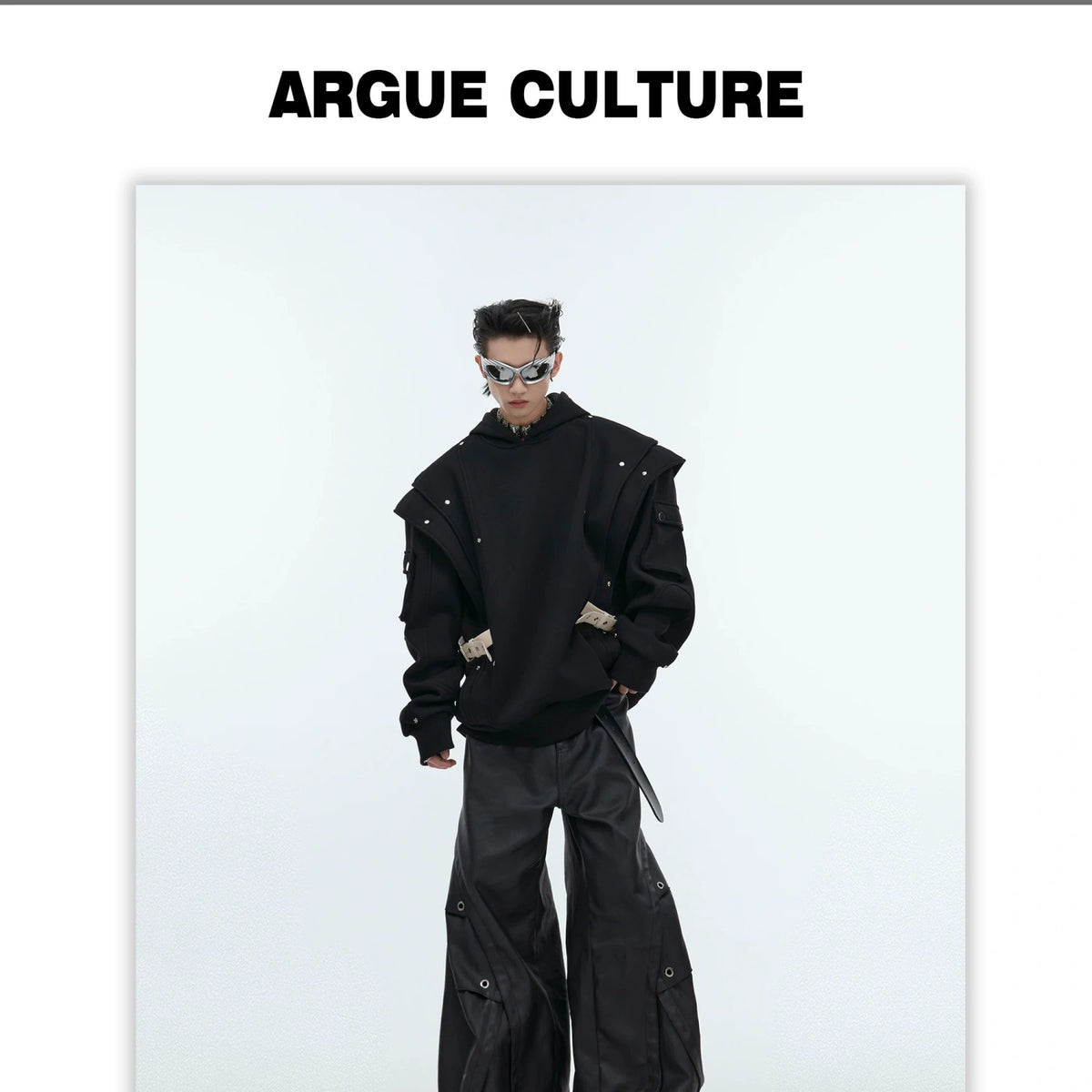 Deconstructed Layered Hooded Sweatshirt With PU Panel - detail image 9