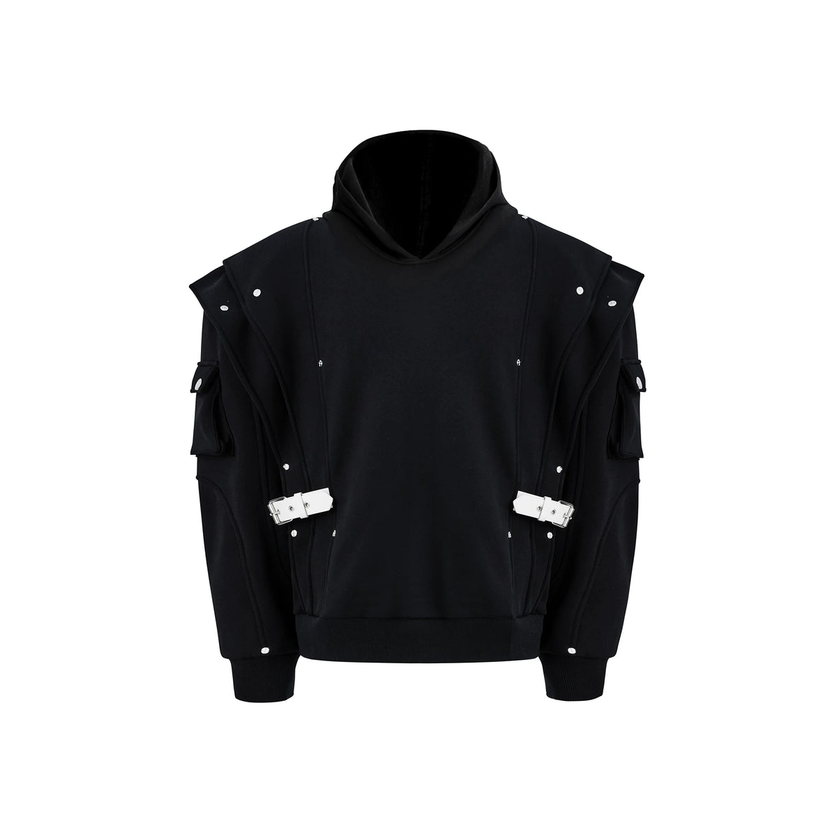 Deconstructed Layered Hooded Sweatshirt With PU Panel - Black