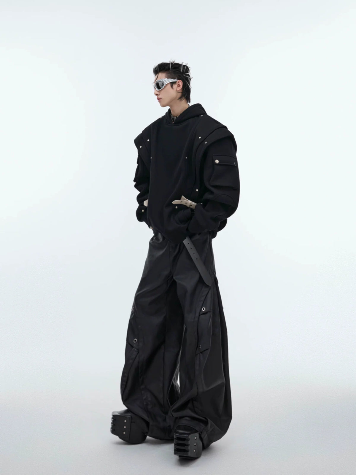 Deconstructed Layered Hooded Sweatshirt With PU Panel - main image 5