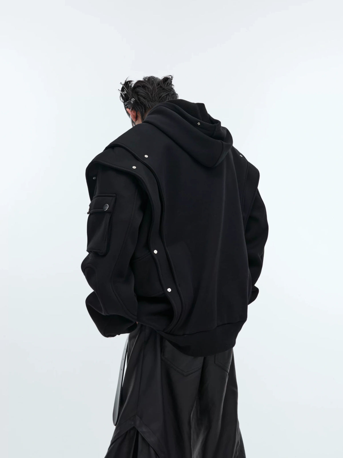Deconstructed Layered Hooded Sweatshirt With PU Panel - main image 2