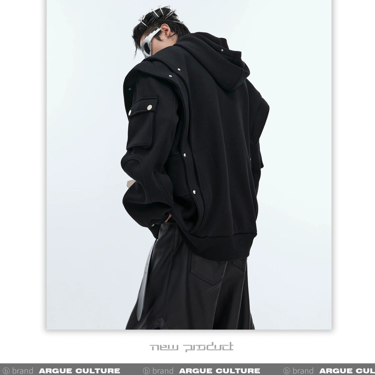 Deconstructed Layered Hooded Sweatshirt With PU Panel - detail image 8