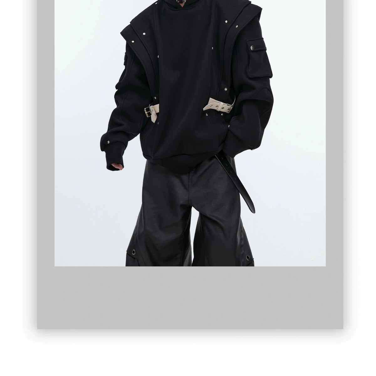 Deconstructed Layered Hooded Sweatshirt With PU Panel - detail image 1
