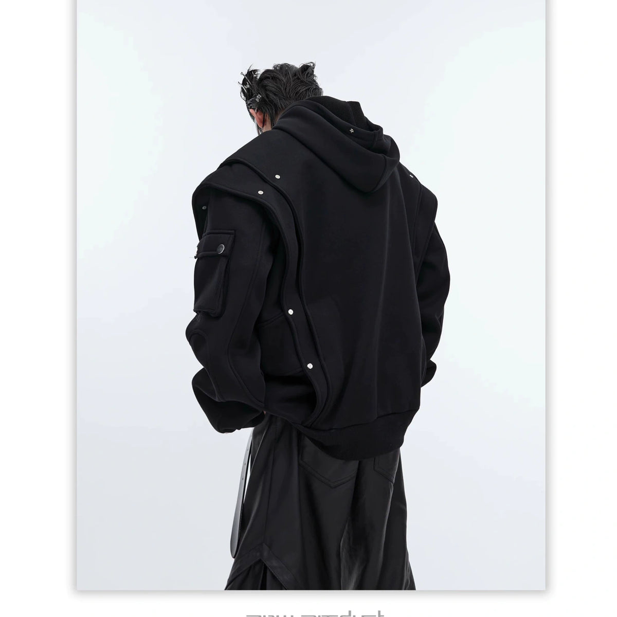 Deconstructed Layered Hooded Sweatshirt With PU Panel - detail image 4