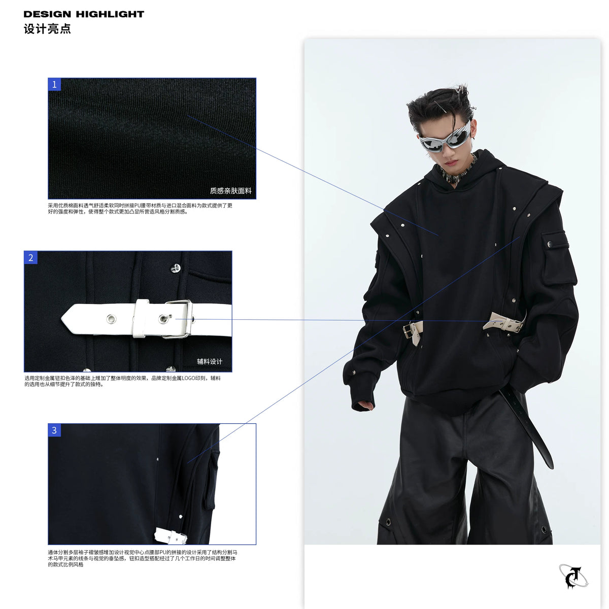 Deconstructed Layered Hooded Sweatshirt With PU Panel - Design Detail