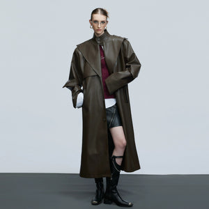 Premium brown cowhide leather coat with metal coin buttons