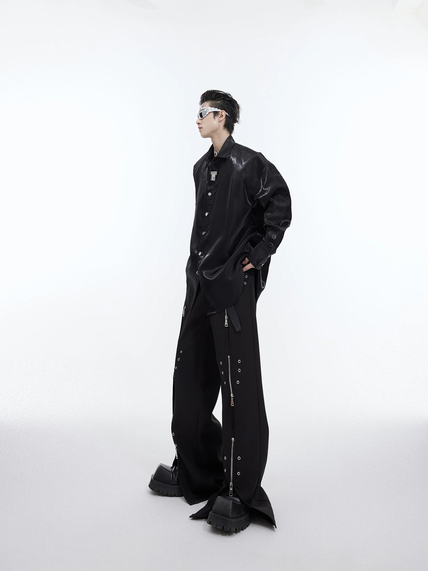 Model wearing deconstructed liquid glow shirt in a street setting